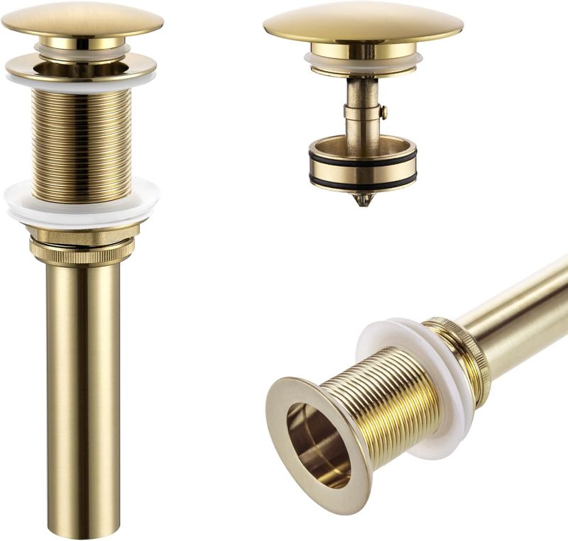 Photo 1 of KOKOSIRI Pop Up Sink Drain with Strainer Basket, Brushed Gold Bathroom Sink Drain with Detachable Hair Catcher Anti Clogging for Vanity Vessel Sink Without Overflow, C1002BG