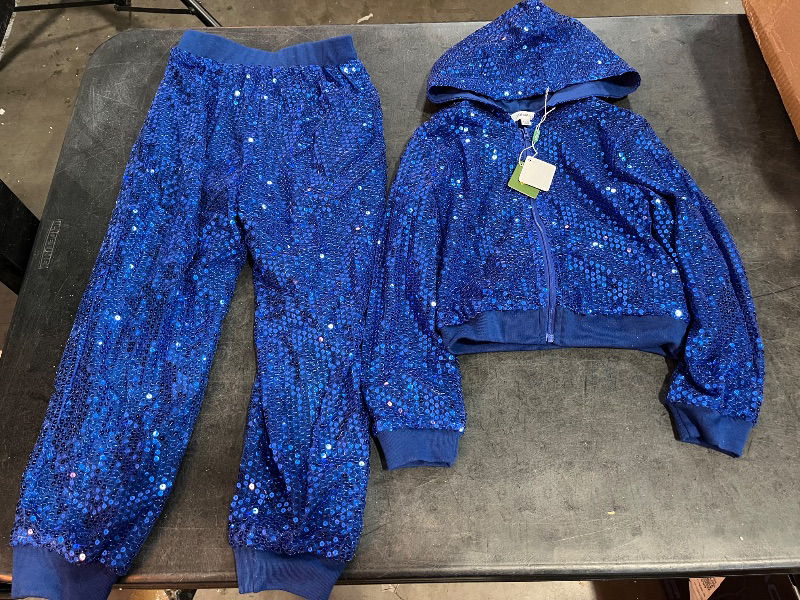 Photo 1 of (S) LOLANTA 2Pcs Girls Dance Outfits Cropped Sequin Jacket Pants Set, Kids Hip Hop Dance Costumes for 80s 90s Party