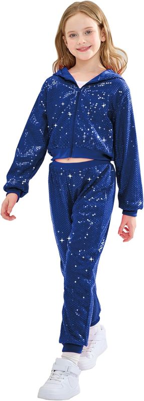 Photo 1 of (S) LOLANTA 2Pcs Girls Dance Outfits Cropped Sequin Jacket Pants Set, Kids Hip Hop Dance Costumes for 80s 90s Party