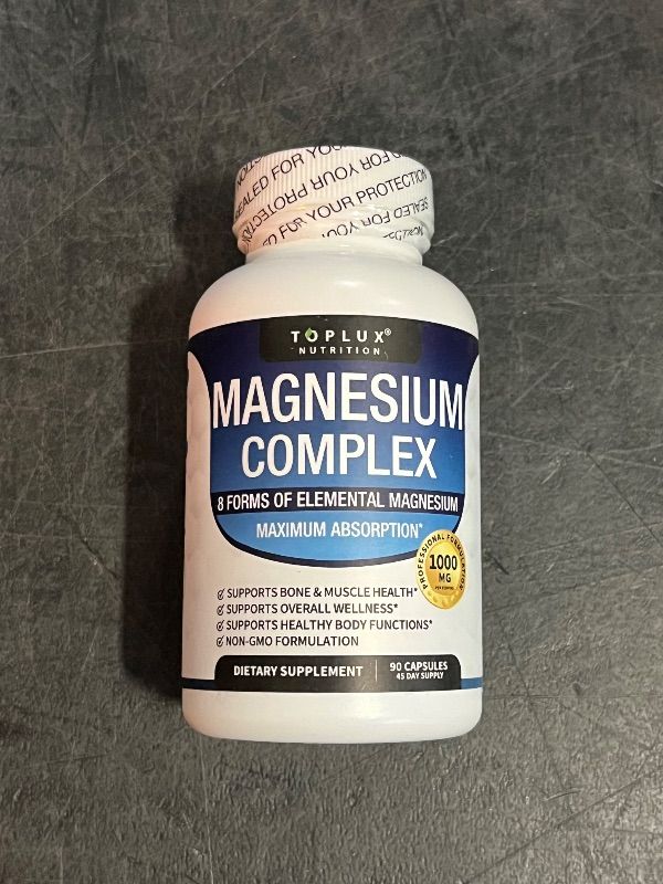Photo 1 of Expires 11/2028 Magnesium Complex Supplement 8 Elemental 1000mg - Magnesium Glycinate, Citrate, Malate, Taurate, Chelated for Easy Absorption for Bones, Muscle, Recovery, Energy, Vegan Non-GMO 90 Capsules
