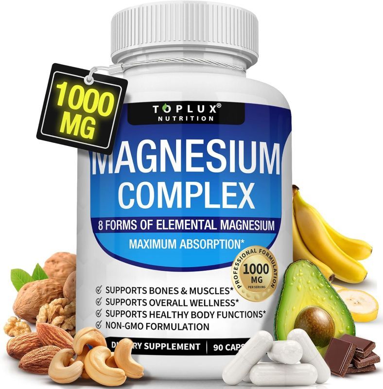 Photo 1 of Expires 11/2028 Magnesium Complex Supplement 8 Elemental 1000mg - Magnesium Glycinate, Citrate, Malate, Taurate, Chelated for Easy Absorption for Bones, Muscle, Recovery, Energy, Vegan Non-GMO 90 Capsules
