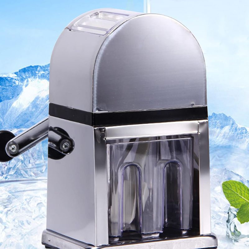 View 1 of Ice Crusher Manual,Stainless Steel Household Ice Crusher Shaver for Quick Coarse,Shave or Fine Crushing of Chips Snow Cone or Slush,Hand Crank Operated Ice Crusher
