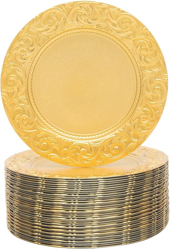 Photo 1 of 100 Pcs Gold Charger Plates Bulk, 13 Inch Round Charger Plate Set, Plastic Embossed Dinner Chargers Floral Plates for Wedding, Christmas, Party, Event, Decoration (Gold)