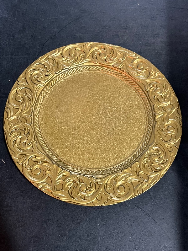 Photo 1 of 100 Pcs Gold Charger Plates Bulk, 13 Inch Round Charger Plate Set, Plastic Embossed Dinner Chargers Floral Plates for Wedding, Christmas, Party, Event, Decoration (Gold)