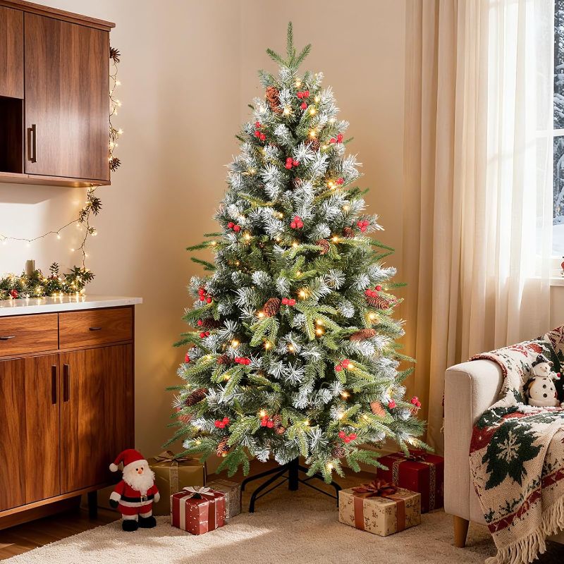 Photo 1 of 6ft Pre- Artificial Christmas Tree Fully Pre-Decorated with 1593 Flocked Frosted Tips, 60 Berries, 60 Pine Cones, 350 Lights, Realistic Xmas Tree with Metal Hinges& Floded Stand