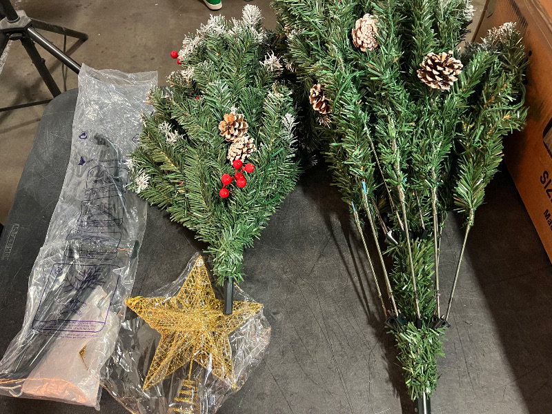 Photo 1 of 6ft Pre- Artificial Christmas Tree Fully Pre-Decorated with 1593 Flocked Frosted Tips, 60 Berries, 60 Pine Cones, 350 Lights, Realistic Xmas Tree with Metal Hinges& Floded Stand