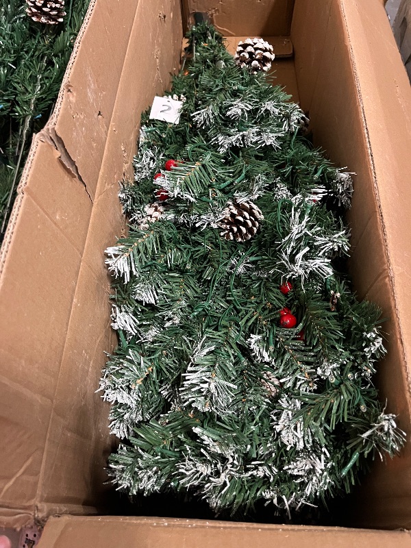 Photo 1 of 6ft Pre- Artificial Christmas Tree Fully Pre-Decorated with 1593 Flocked Frosted Tips, 60 Berries, 60 Pine Cones, 350 Lights, Realistic Xmas Tree with Metal Hinges& Floded Stand