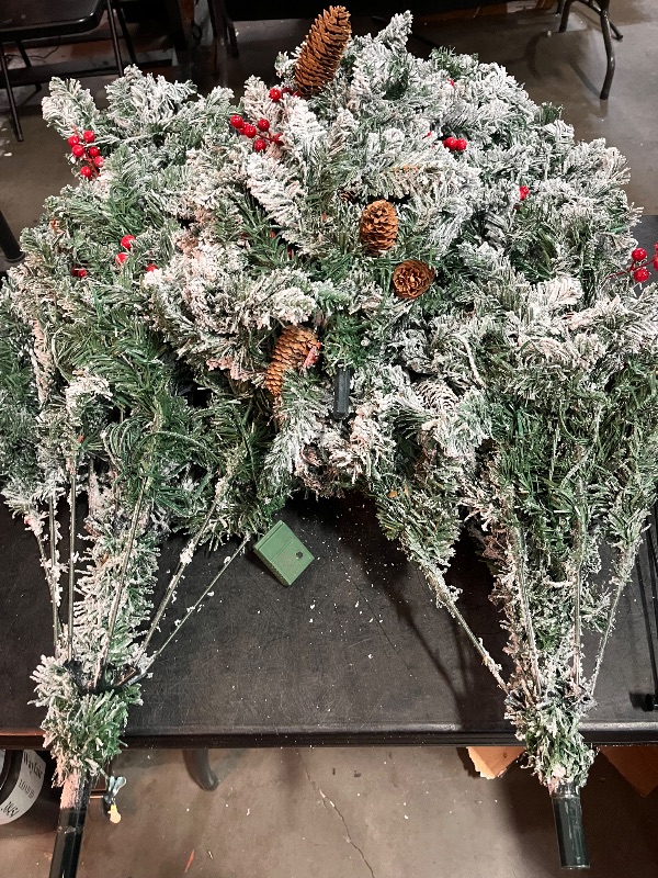 Photo 1 of 6ft Pre- Artificial Christmas Tree Fully Pre-Decorated with 1593 Flocked Frosted Tips, 60 Berries, 60 Pine Cones, 350 Lights, Realistic Xmas Tree with Metal Hinges& Floded Stand
