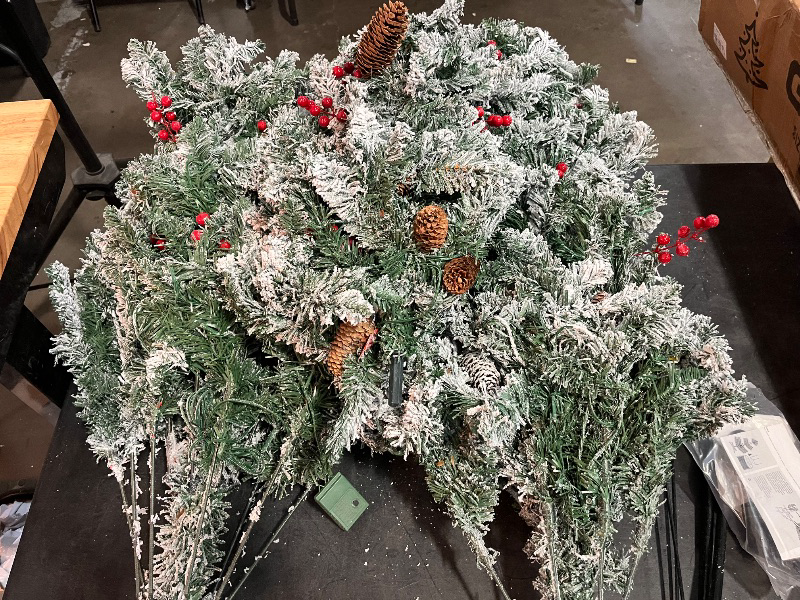 Photo 1 of 6ft Pre- Artificial Christmas Tree Fully Pre-Decorated with 1593 Flocked Frosted Tips, 60 Berries, 60 Pine Cones, 350 Lights, Realistic Xmas Tree with Metal Hinges& Floded Stand
