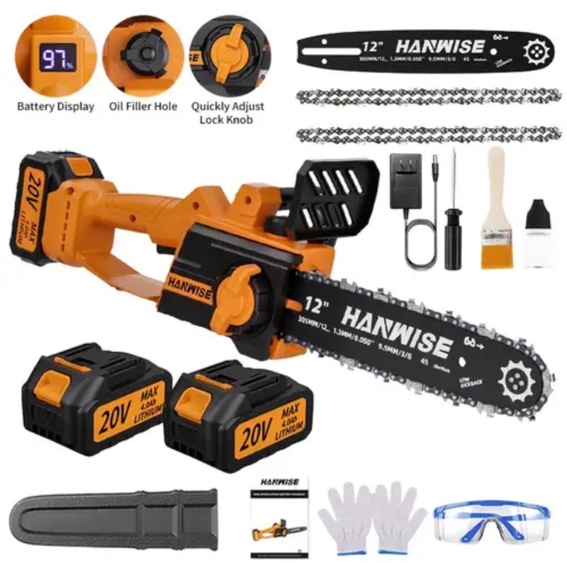 Photo 1 of Handheld Cordless Electric Chainsaw, 3500 RPM, with Battery, Splash Guard, Safety Lock, and Deluxe Accessories. Suitable for Garden, Yard, and Camping Use for Trimming Branches. An Essential Gardening Tool, a Must-have for Men, Ideal