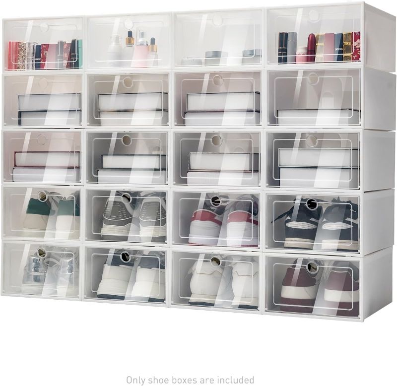 Photo 1 of 20 Pcs Shoe Box, Clear Plastic Stackable Shoe Storage Organizer, Foldable Heavy Duty Shoe Containers for Closet Apartments Small Spaces Dorm Bedroom, 12.9 x 8.8 x 5.5 Inches
