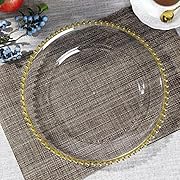 Photo 1 of 25 Pcs Clear Charger Plates 12.6 inch Plastic Dinner Charger Plates with Gold Beaded Rim for Home Wedding Birthday Bridal Shower Kitchen Party Dinner Table Decor Supplies (Gold)