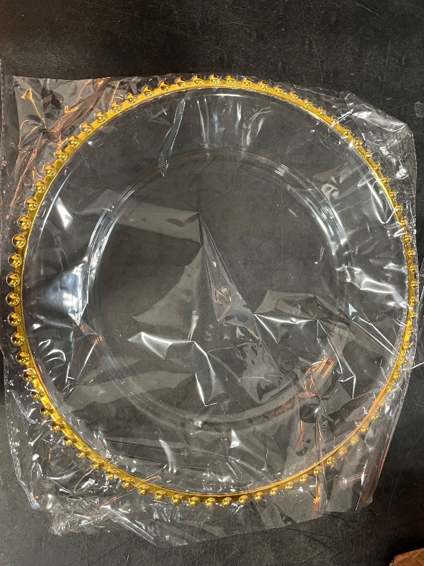 Photo 1 of 25 Pcs Clear Charger Plates 12.6 inch Plastic Dinner Charger Plates with Gold Beaded Rim for Home Wedding Birthday Bridal Shower Kitchen Party Dinner Table Decor Supplies (Gold)