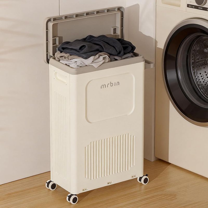 Photo 1 of Mrbin Slim Wheeled Laundry Hamper Plastic with Lid, 40L / 11gal Closet Rectangle Basket Containers, Narrow Storage Bins Rolling Utility Organizer Boxes Cart for Bathroom, Clothing, Pantry, White
