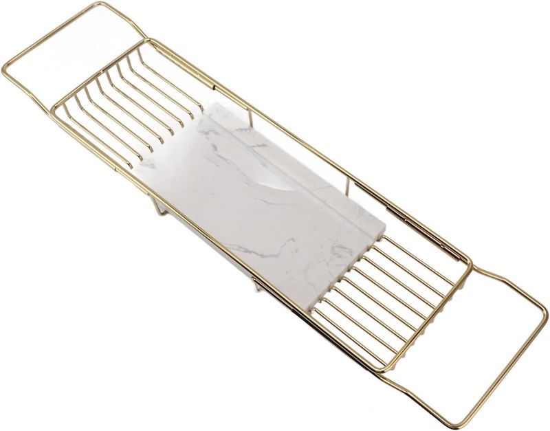 Photo 1 of Marhynchus Metal Marble Bathtub Rack, Bathtub Caddy Tray Stainless Steel Shower Caddy Tray with Extending Sides, Bathroom Trays (Gold White)
