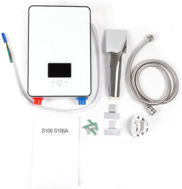 Photo 1 of 4500W Vertical Instant Water Heater Kit with(Shower Head,Outlet,Pipe Shower Bracket),110V Point-of-Use Hot Water Heater Digital Display,Electri Tankless Water Heater for Kitchens & Bathrooms (White)