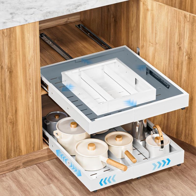 Photo 1 of Insputer Pull Out Cabinet Organizer Expandable, No Drill Slide Out Drawers with 3 Slide Rails, 2Pcs Magnetic Panel, Adhesive Roll Out Shelf for Kitchen, Pantry White