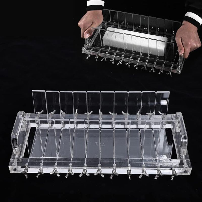 Photo 1 of Soap Cutter, Acrylic Handmade Wire Soap Cutter Machine 10 Compartments Maximum Cutting 3.94in Ajustabale Length Multi-Function Soap Loaf Cutter for DIY Craft Soap Candle Butter Cheese Slicer
