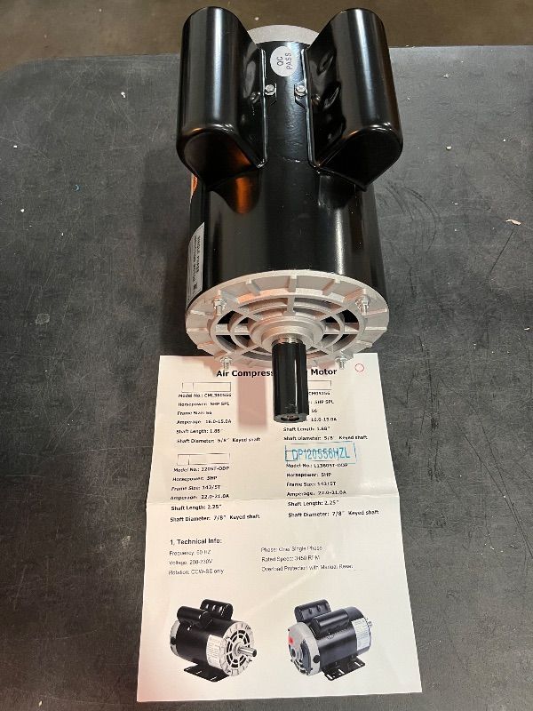 Photo 1 of 5HP Air Compressor Motor Single Phase Electric Motor 3450RPM 208V-230V 7/8" Shaft Diameter, CCW 60HZ Frame, 1Pole
