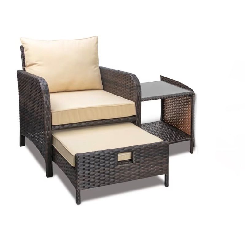 Photo 1 of Balcony Furniture Patio Conversation Set, PE Wicker Rattan Outdoor Lounge Chairs with Soft Cushions 1 Ottoman & Glass Table for Porch, Lawn-Brown Wicker
