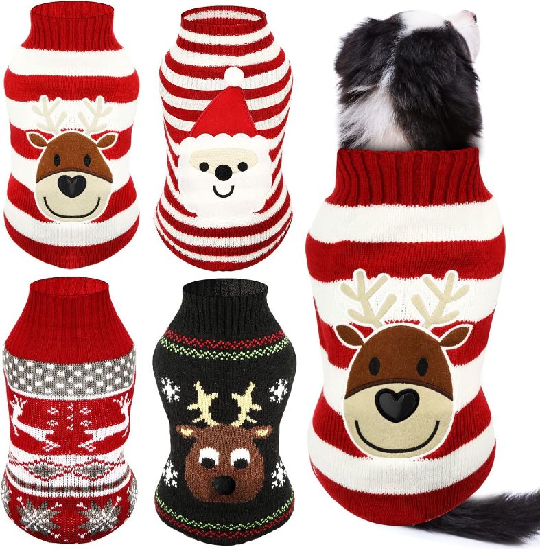 Photo 1 of (S) Frienda 4 Pieces Christmas Dog Sweaters Halloween Puppy Holiday Sweaters Santa Reindeer Snowman Snowflake Pumpkin Pet Clothes for Xmas Dog Cat Costume(Cute Pattern,Small)
