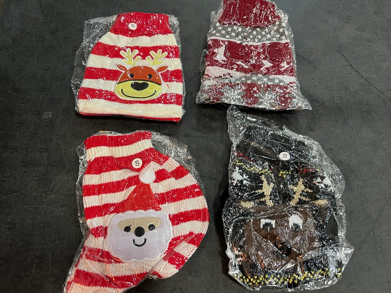 Photo 1 of (S) Frienda 4 Pieces Christmas Dog Sweaters Halloween Puppy Holiday Sweaters Santa Reindeer Snowman Snowflake Pumpkin Pet Clothes for Xmas Dog Cat Costume(Cute Pattern,Small)
