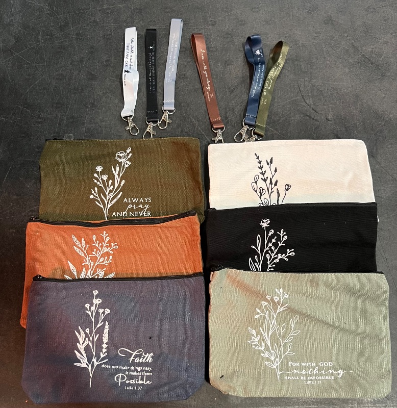 Photo 1 of 12 Pcs Valentines Christian Gift Bulk for Women Religious Canvas Makeup Bags Bible Verse Lanyard Keychain for Church(Neutral Colors,Aesthetic)