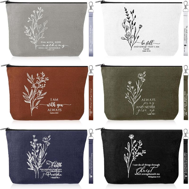 Photo 1 of 12 Pcs Valentines Christian Gift Bulk for Women Religious Canvas Makeup Bags Bible Verse Lanyard Keychain for Church(Neutral Colors,Aesthetic)