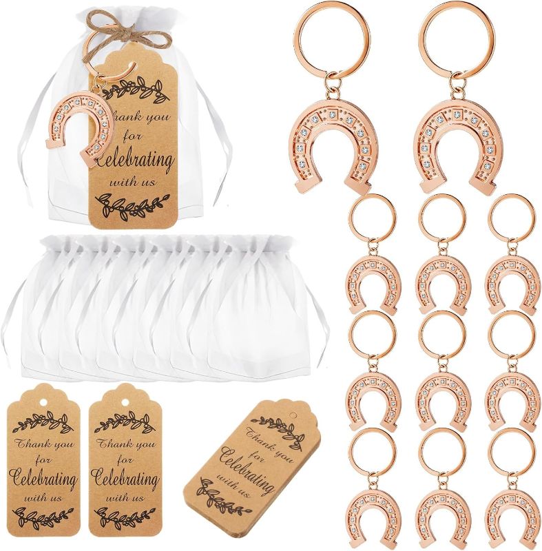 Photo 1 of 20 Set Lucky Horseshoe Keychain Party Favor Bulk Western Cowboy Keyring Charm Accessories Kraft Tag Organza Bag for Guest Baptism Bridal Baby Shower Valentine Wedding Gift(Large,Rose Gold)

