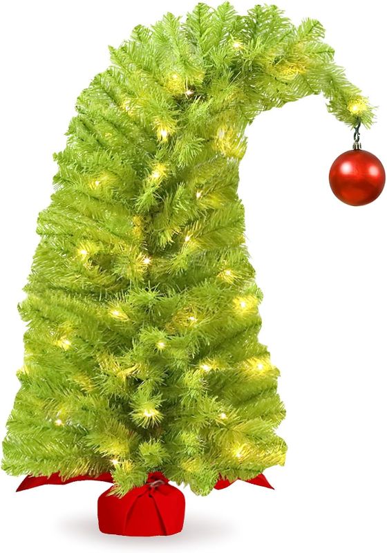 Photo 1 of HMASYO Whimsical Small Tabletop Christmas Tree with Lights and Red Ball, Bendable Lime Green Artificial Table Top Christmas Tree for Home Office Holiday Party Decoration
