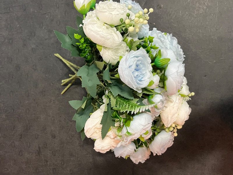 Photo 1 of 2 Bunches Artificial Peonies Flowers Small Silk Blue Peonies Fake Hydrangea Flowers Arrangements Table Centerpiece Faux Flores for Bridal Wedding Home Decor (2, Blue White)
