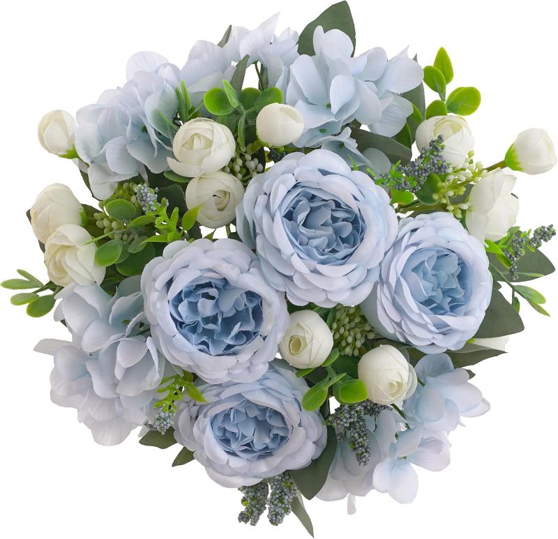 Photo 1 of 2 Bunches Artificial Peonies Flowers Small Silk Blue Peonies Fake Hydrangea Flowers Arrangements Table Centerpiece Faux Flores for Bridal Wedding Home Decor (2, Blue White)
