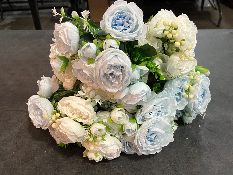 Photo 1 of 2 Bunches Artificial Peonies Flowers Small Silk Blue Peonies Fake Hydrangea Flowers Arrangements Table Centerpiece Faux Flores for Bridal Wedding Home Decor (2, Blue White)
