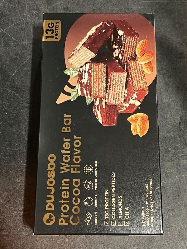 Photo 1 of Expires April 19 2026 * DUJOSOO Protein Wafer Bar,Crispy - Silky Texture with Almond Chunks,13g Premium Protein,2g Low Sugar,Add chia seeds,2g Dietary Fiber,Rich in Collagen, Vitamin E and Omega-3,Nutritious Snacks to Support Energy,12 Count(Pack of 1)