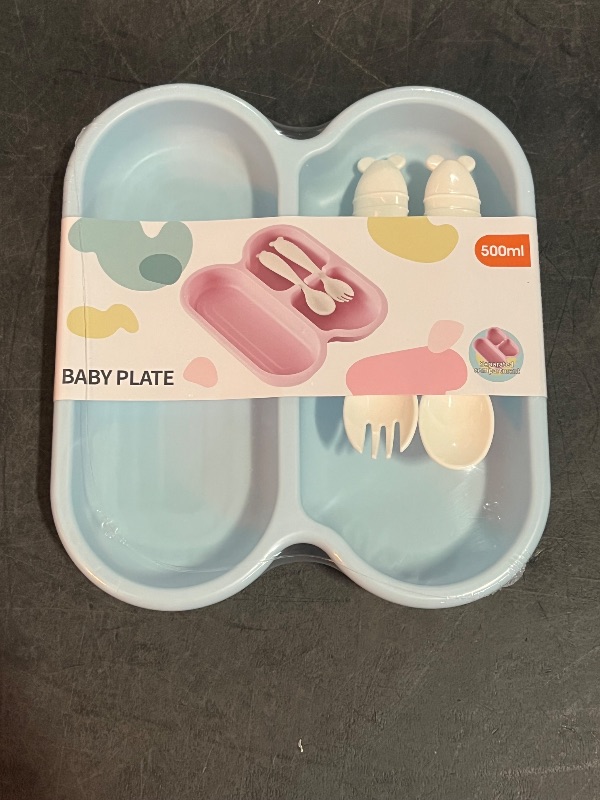 Photo 1 of 500ML Baby Plate with Two Compartments, Fork and Spoon -Blue 