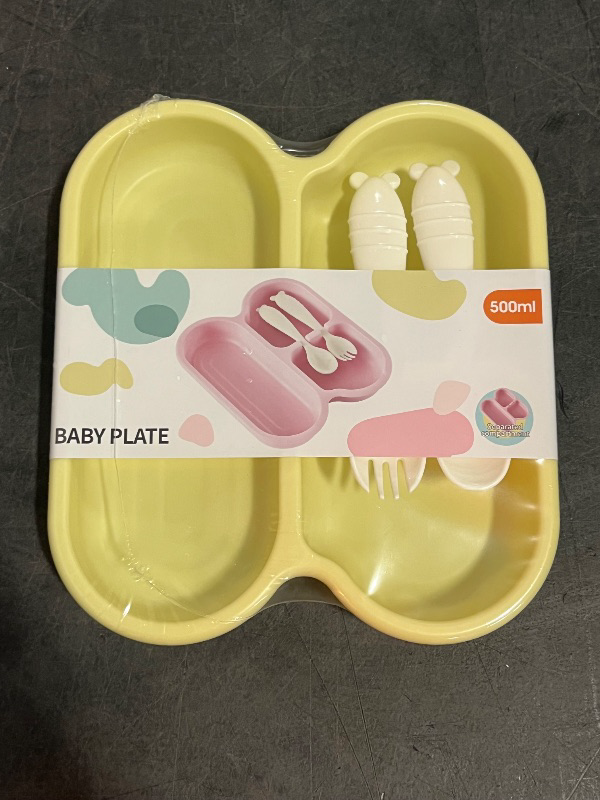 Photo 1 of 500ML Baby Plate with Two Compartments, Fork and Spoon -Yellow
