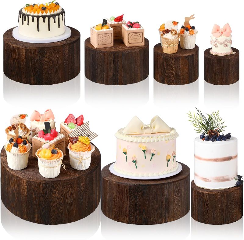 Photo 1 of Domensi 6 Pcs Wood Display Risers Cupcake Stand Brown Rustic Wood Cake Stands Wooden Stackable Display Box for Dessert Wedding Birthday Baby Shower Christmas Village Party Decoration
