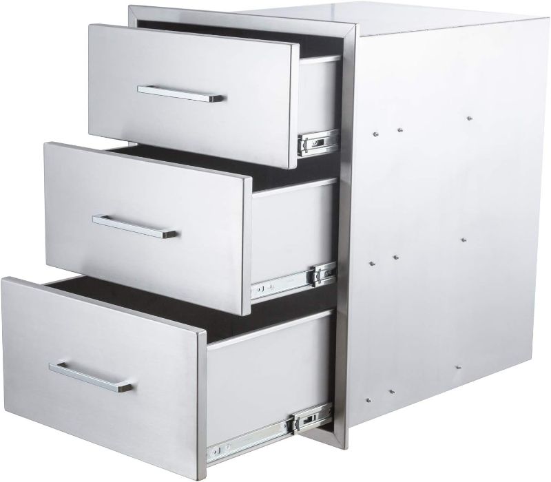 Photo 1 of BBQ Outdoor Kitchen Drawers Stainless Steel 3-Drawer BBQ Drawer 14" W x 20.5" H x 23" D Enclosed Built-in Drawer Flush Mount for Outdoor Kitchens & BBQ Islands