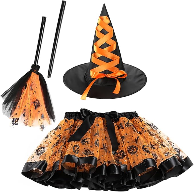 Photo 1 of (O/S) Witch Costume for Girl,Rainbow Tutu Skirt Witches Hat with Broomstick Kids,Halloween Costumes Girls Witch Cosplay Dress Up