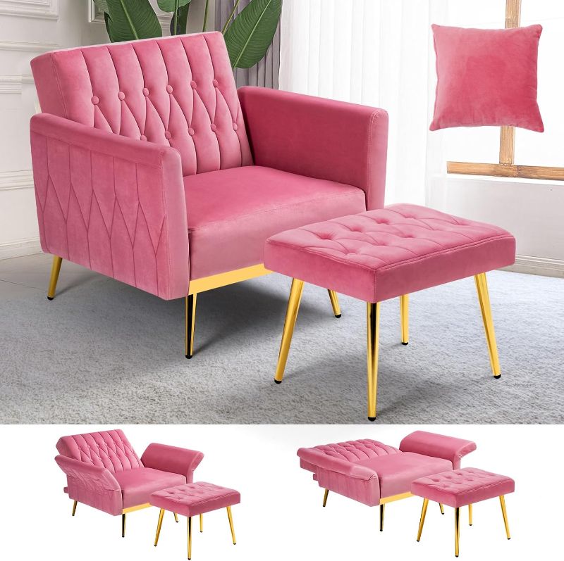 Photo 1 of Velvet Accent Chair with Adjustable Armrests and Backrest, Button Tufted Lounge Chair, Single Recliner Armchair with Ottoman and Pillow for Living Room, Bedroom, Pink