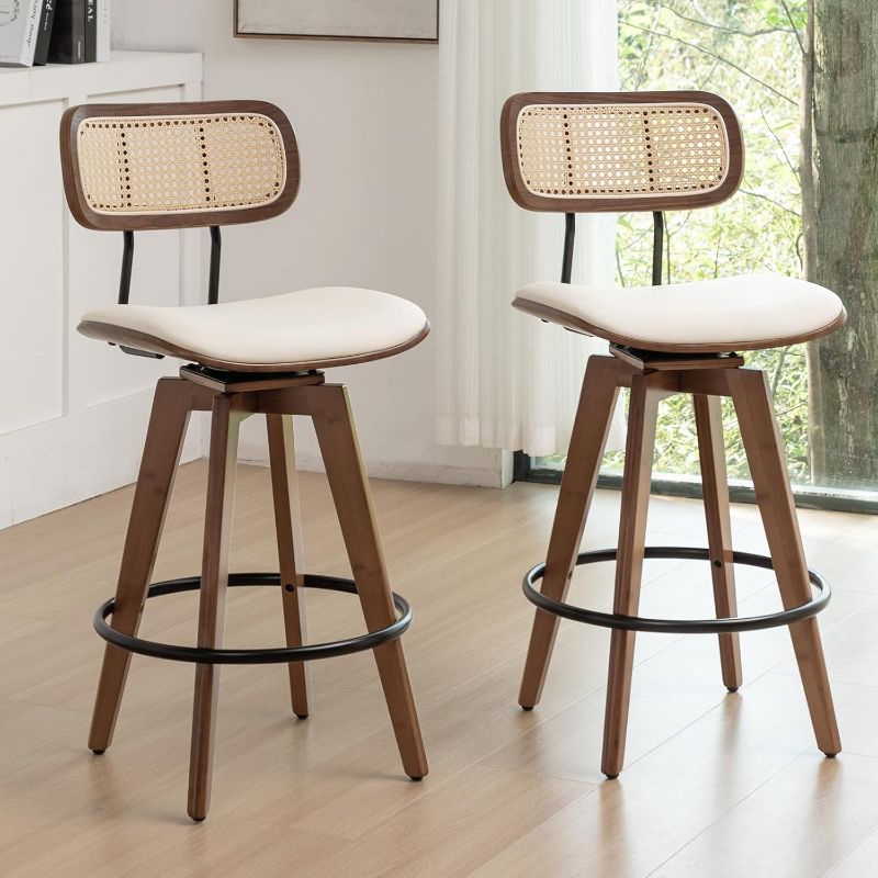 Photo 1 of 26" Rattan Bar Stools Set of 2 Beige Faux Leather Counter Height Swivel Barstools with Rattan Backrest and Wooden Legs,Armless Mid Century Modern Bar Chairs for Kitchen/Dining Room/Bar