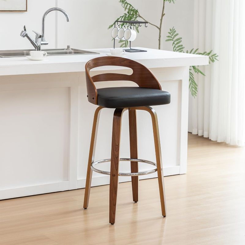 Photo 1 of Counter Stools Set of 1, Counter Height Bar Stools with Walnut Crafts, Bentwood Curved Back, Upholstered Faux Leather, Soft Cushion Seat, Swivel Counter Chairs for Island/Pub (Black, 26" Seat Height)
