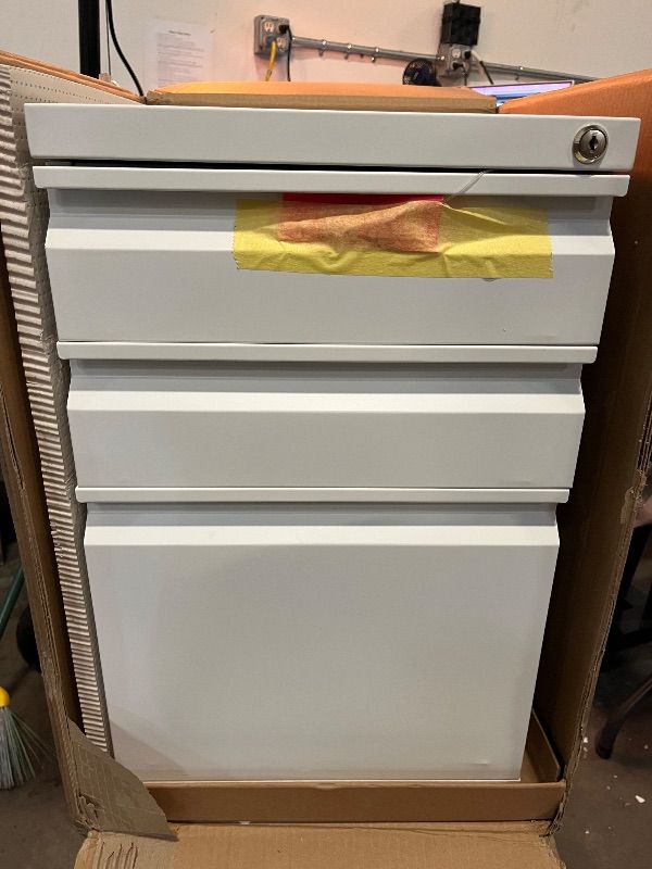 Photo 1 of Mobile File Cabinet for Home Office, Lockable 3 Drawer Filing Cabinet with Wheels for A4-Size/Letter-Size/Legal-Size, Fully Assembled Except Casters, White