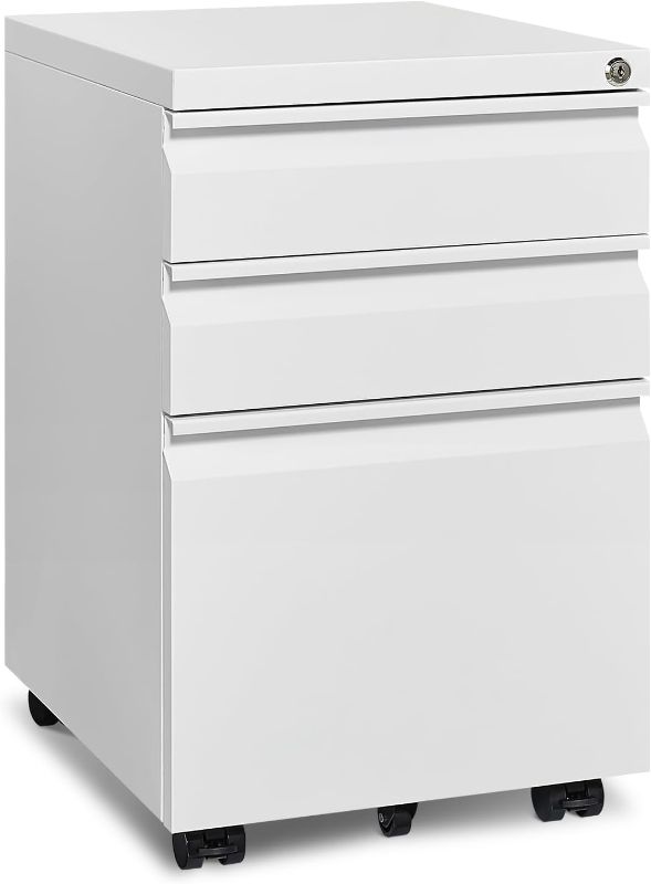 Photo 1 of Mobile File Cabinet for Home Office, Lockable 3 Drawer Filing Cabinet with Wheels for A4-Size/Letter-Size/Legal-Size, Fully Assembled Except Casters, White
