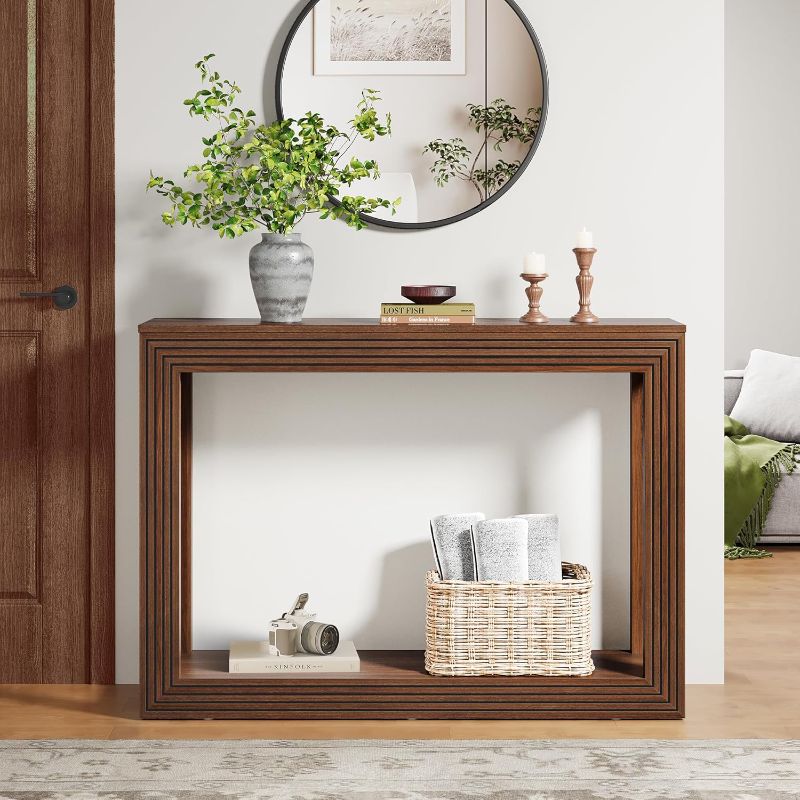 Photo 1 of AVZEAR Fluted Entryway Console Table with Storage Shelf, 43" Mid-Century Couch Table Behind Sofa Long and Skinny for Living Room Hallway Entrance Foyer, Walnut