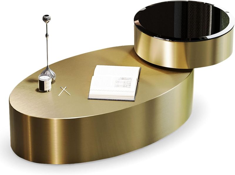 Photo 1 of Gold Oval Rotatable Top Coffee Table, 2 Tier Modern Luxury Center Table with 360° Swivel Round Top, Brushed Stainless Steel Base Tea Table for Apartment, Living Room, Office
