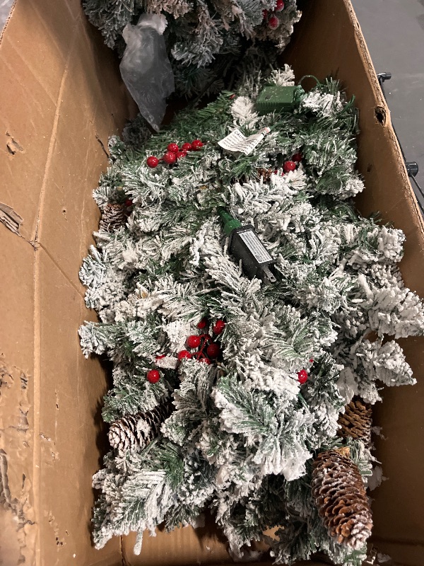 Photo 1 of Best Choice Products 7.5ft Pre-Lit Pencil Christmas Tree, Partially Flocked Pre-Decorated for Home, Skinny Frosted Holiday Tree w/ 1,075 Tips, 350 Lights, Pine Cones,Red Berries , Foldable Metal Hinges & Base
