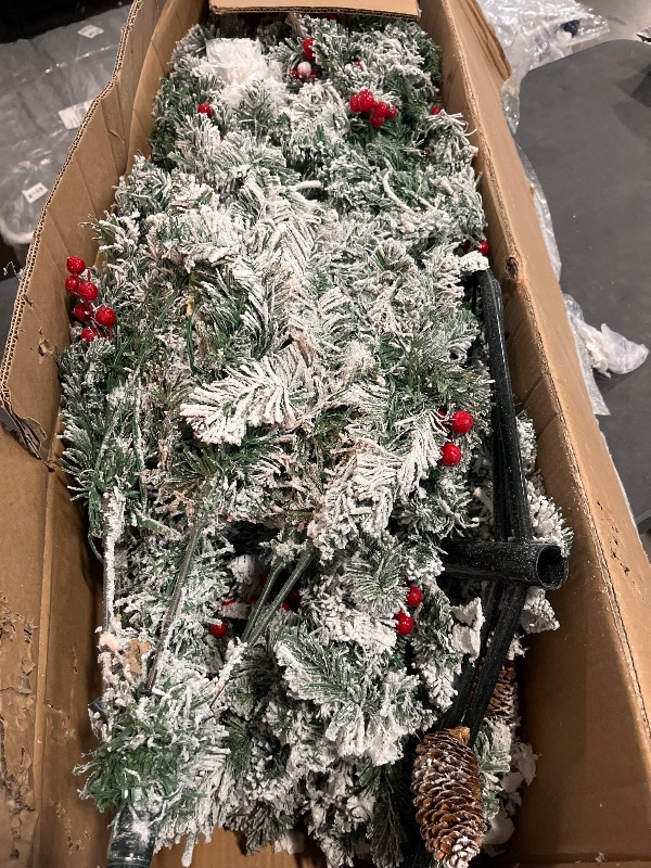 Photo 1 of Best Choice Products 7.5ft Pre-Lit Pencil Christmas Tree, Partially Flocked Pre-Decorated for Home, Skinny Frosted Holiday Tree w/ 1,075 Tips, 350 Lights, Pine Cones,Red Berries , Foldable Metal Hinges & Base
