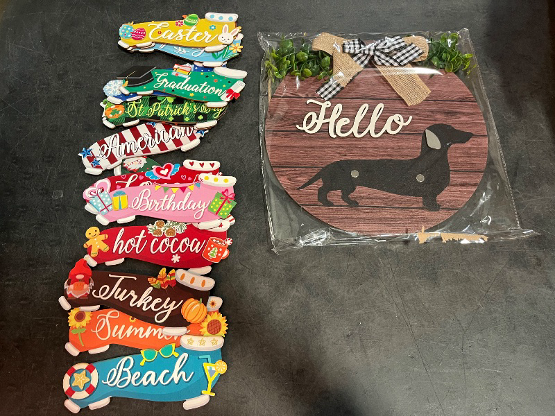 Photo 1 of Glenmal 16 Pcs Interchangeable Seasonal Dachshund Welcome Sign Rustic Dog Front Door Wreaths Detachable Holiday Hanging Decor for Spring Easter St. Patrick's Day All Seasons (Classic Style)
