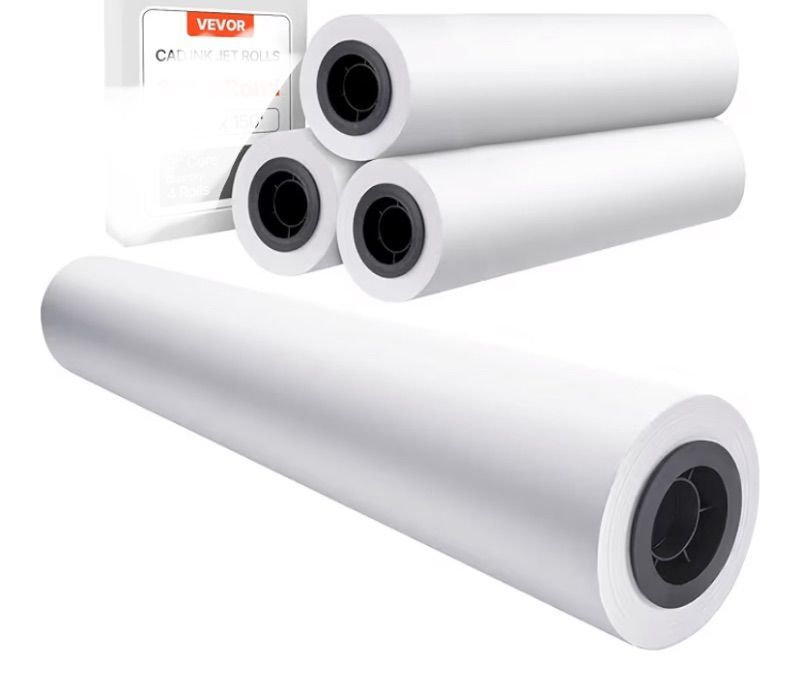 Photo 1 of VEVOR Wide Format Paper, 24 in x 500 ft Plotter Paper, 4 Rolls CAD Bond Rolls with 3 in Core, 20 LB Bond Paper Rolls, Idea for CAD Drawings, Engineering Plans, GIS Maps & Architectural Designs
